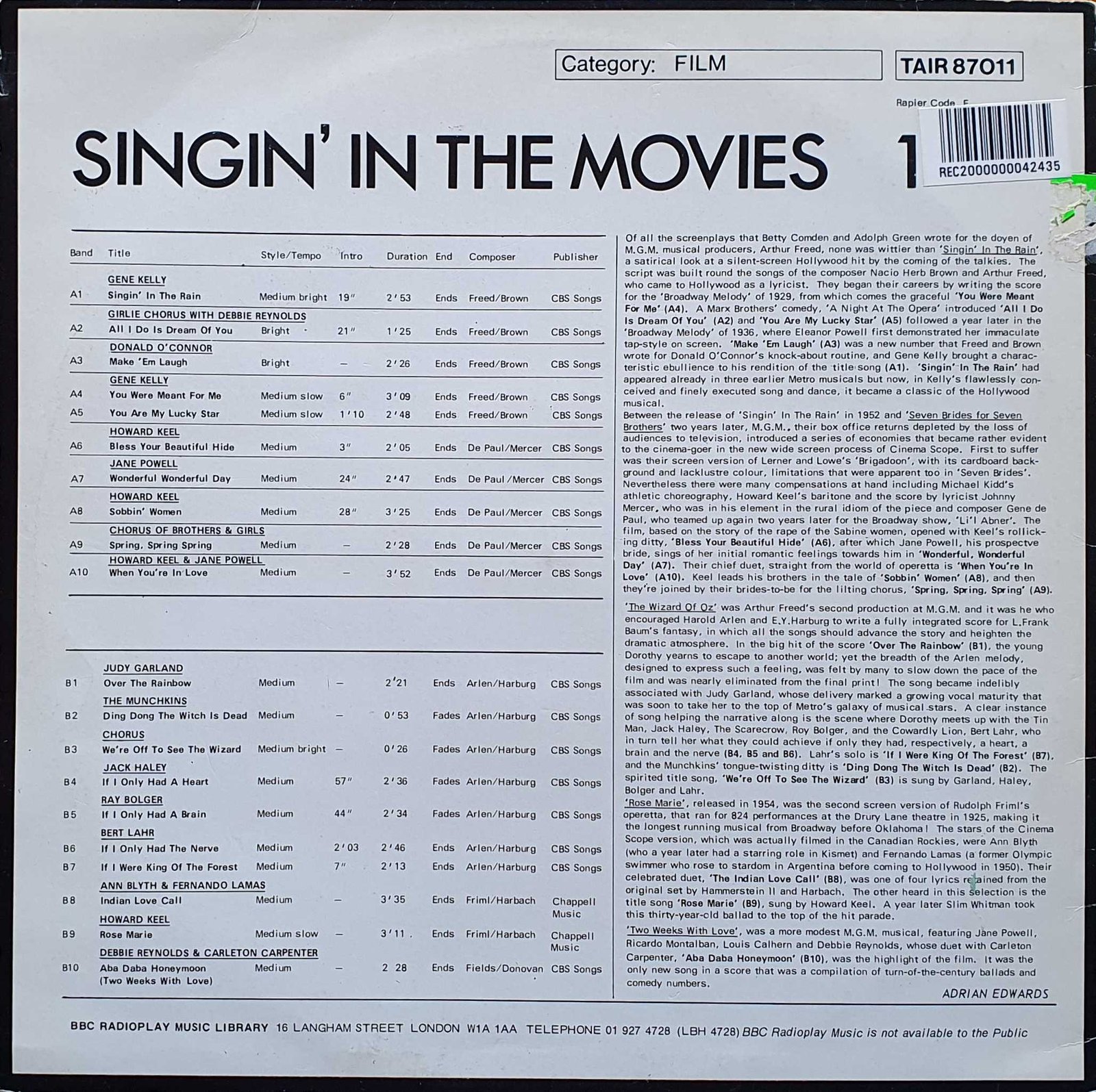 Picture of TAIR 87011 Singin' in the Movies 1 by artist Various from the BBC records and Tapes library